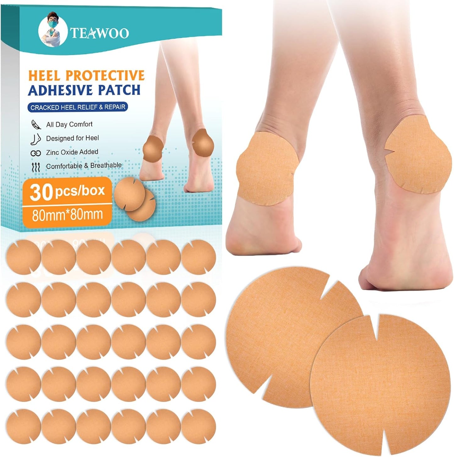 30PCS Patented Cracked Heel Treatment Patches, Cracked Heel Repair Bandage (80mm x 80mm)