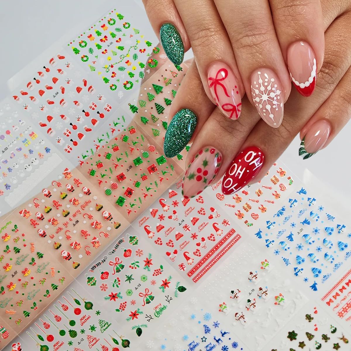 30PCS Christmas Nail Art Stickers Snowflakes Claus Reindeer 3D Self-Adhesive Xmas Nail Decals Nail Art Supplies Xmas Tree Wreath Gingerbread Man Design Christmas Stickers for Holiday Nail Decorations