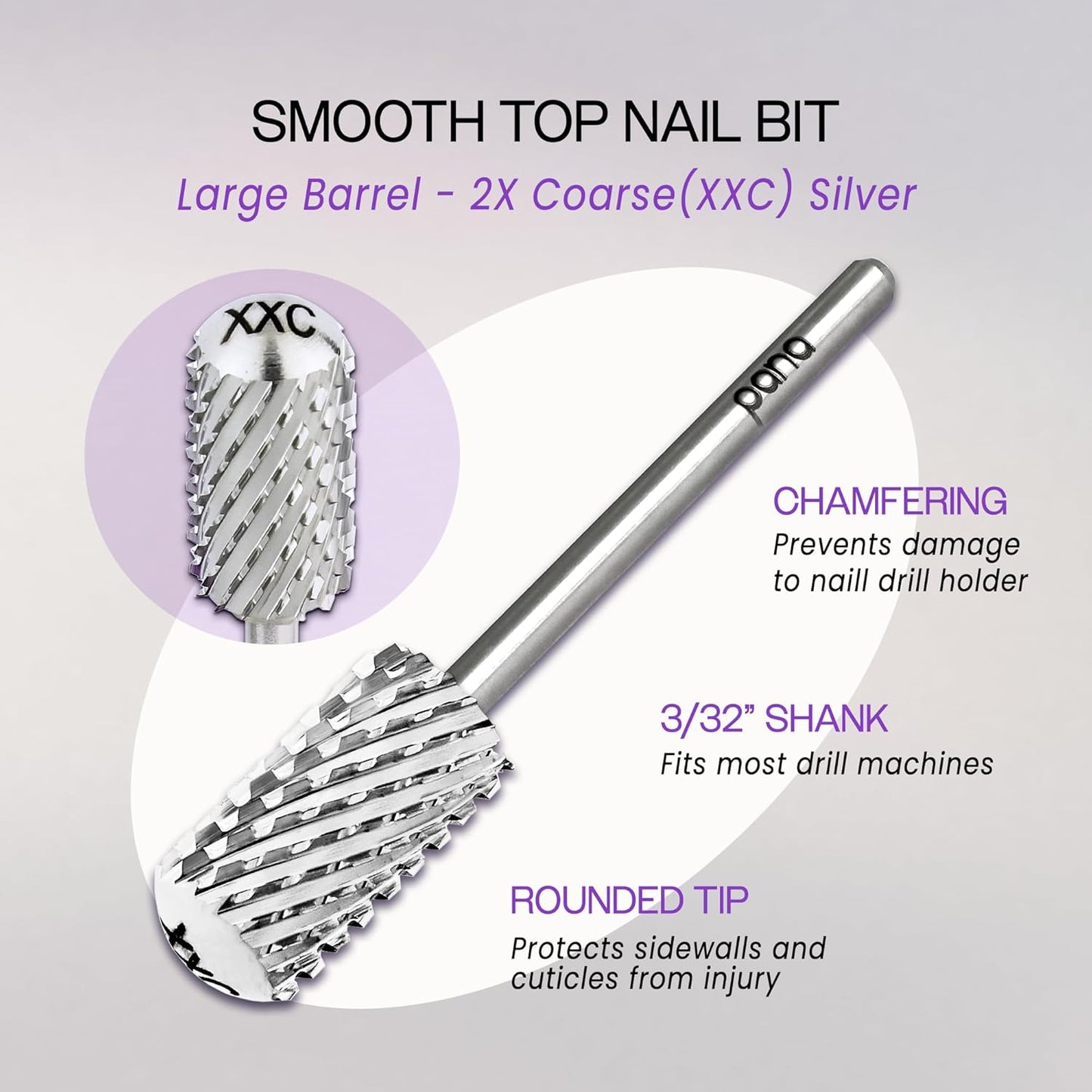 PANA 3/32" Large Smooth Round Top Safety Carbide Nail Drill Bit for Gel Polish & Acrylic Removal Nail Salon Manicure Pedicure Electric File Tools (Large Barrel - Silver, 2X Coarse)