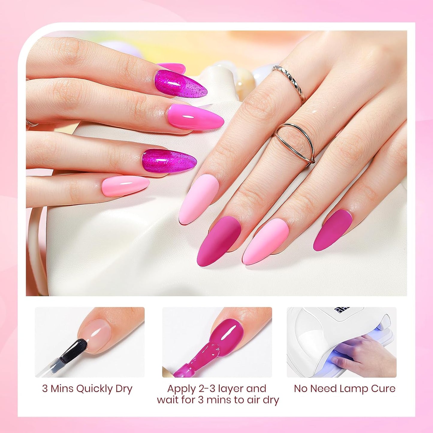 Hot Pink Nail Polish Set, Quick Dry Spring Summer Regular Nail Polish Neon Pink Glitter Fingernail Polish Natural Neutral Nail Lacquer High Glossy Nail Manicure DIY Salon Gift for Women Girl