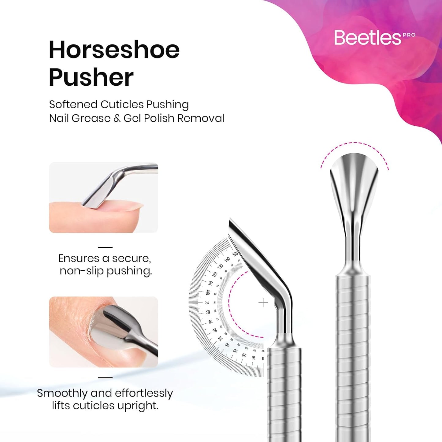 Beetles Pro 1-Pcs Dual-Ended Cuticle Pusher, Professional Horseshoe 11mm and Angled Blade 13mm Precise Cuticle Care, Stainless Steel Handle Nail Tools for Nail Art Prep – Salon Quality Manicure Tool