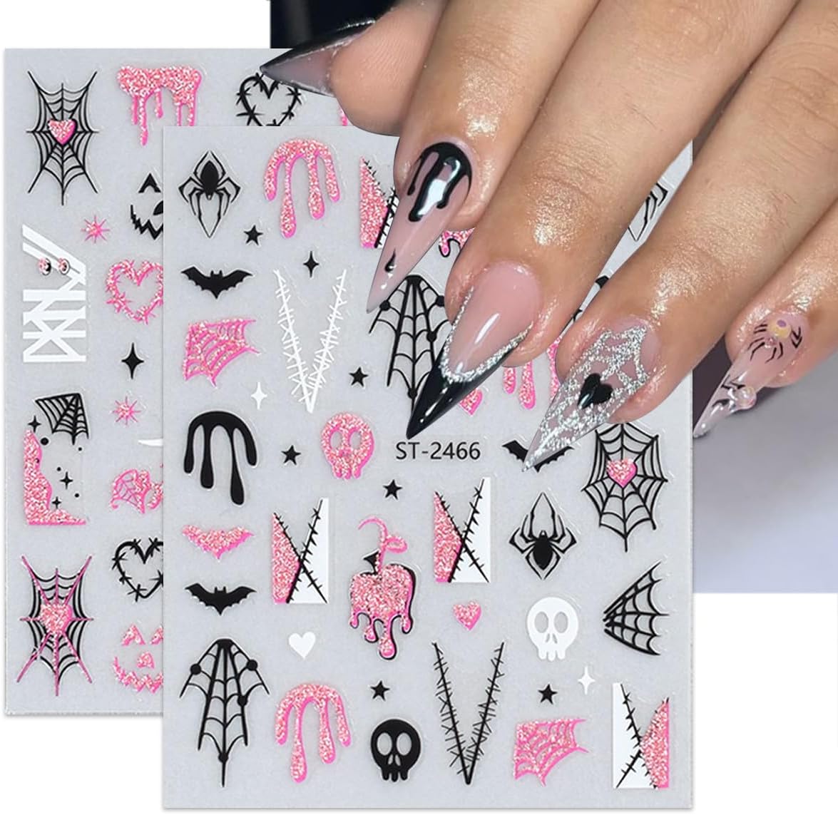 6 Sheets Pink Glitter Halloween Nail Stickers for Nail Art 3D Self-Adhesive Spider Web Nail Stickers with Ghost Bat Blood Drop Skull Cute Halloween Designs Goth Nail Decals for Women Acrylic Nails