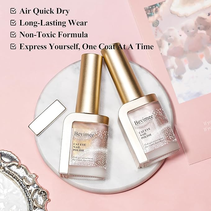 Cat Eye Nail Polish Non Gel Quick Dry, Magnetic Cat Eye Polish Fingernail Gold Glitter Nail Lacquer No UV Required, Crystal Velvet Glass Shine For Nail Art Long Lasting