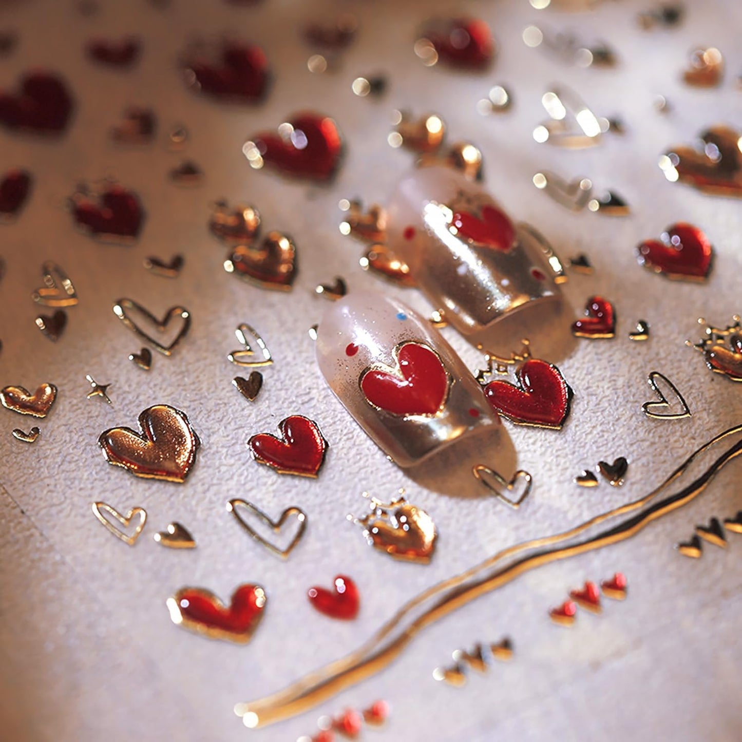 Valentine's Day 5D Heart Nail Art Stickers - Gold, Pink & Bronzing Star Moon Designs for Women & Girls - Self-Adhesive DIY Nail Decals