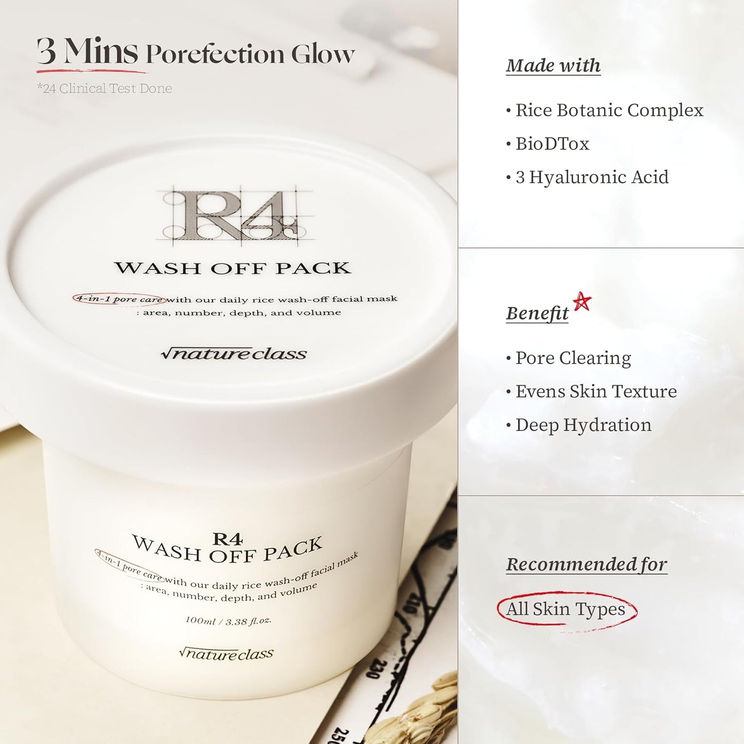 R4 Rice Wash Off Facial Mask – 4-in-1 Pore Care, Deep Cleansing, Hydrating, Exfoliates, Pore Sebum Clearing, Gentle Exfoliating Korean Skincare 3.38 Fl Oz