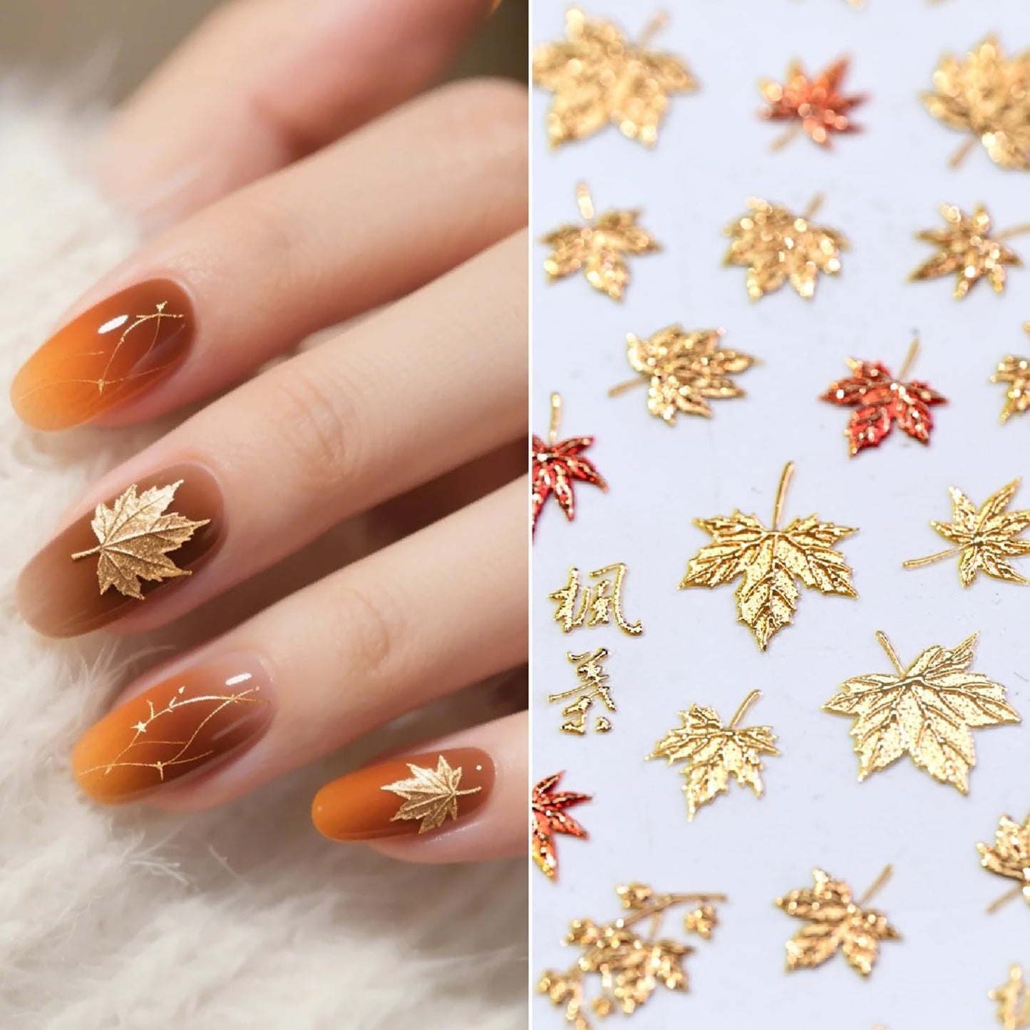 1 Sheets Thanksgiving Nail Stickers for Nails Art Autumn Maple Leaf Nail Decals 5D Self-Adhesive Red Gold Embossed Maple Leaves Nail Decoration Shiny Fall Nail Art Stickers for Women Nail Designs