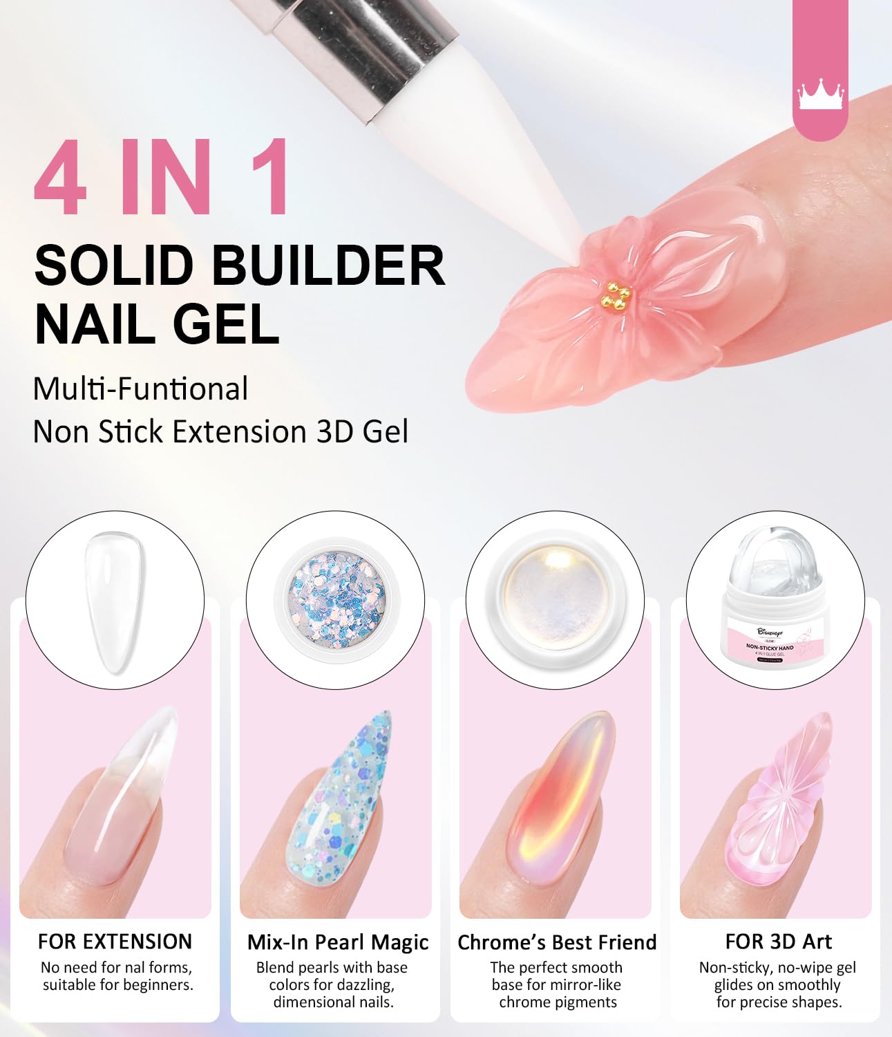 Solid Builder Gel and Chrome Nail Powder Kit BISHENGYF: 4 In 1 No Wipe 3d Sculpting Nail Gel Aurora Pink White Pearl Chrome Nail Powder Clear Non-Sticky Hand Extension Glue for Nail Decoration 30g