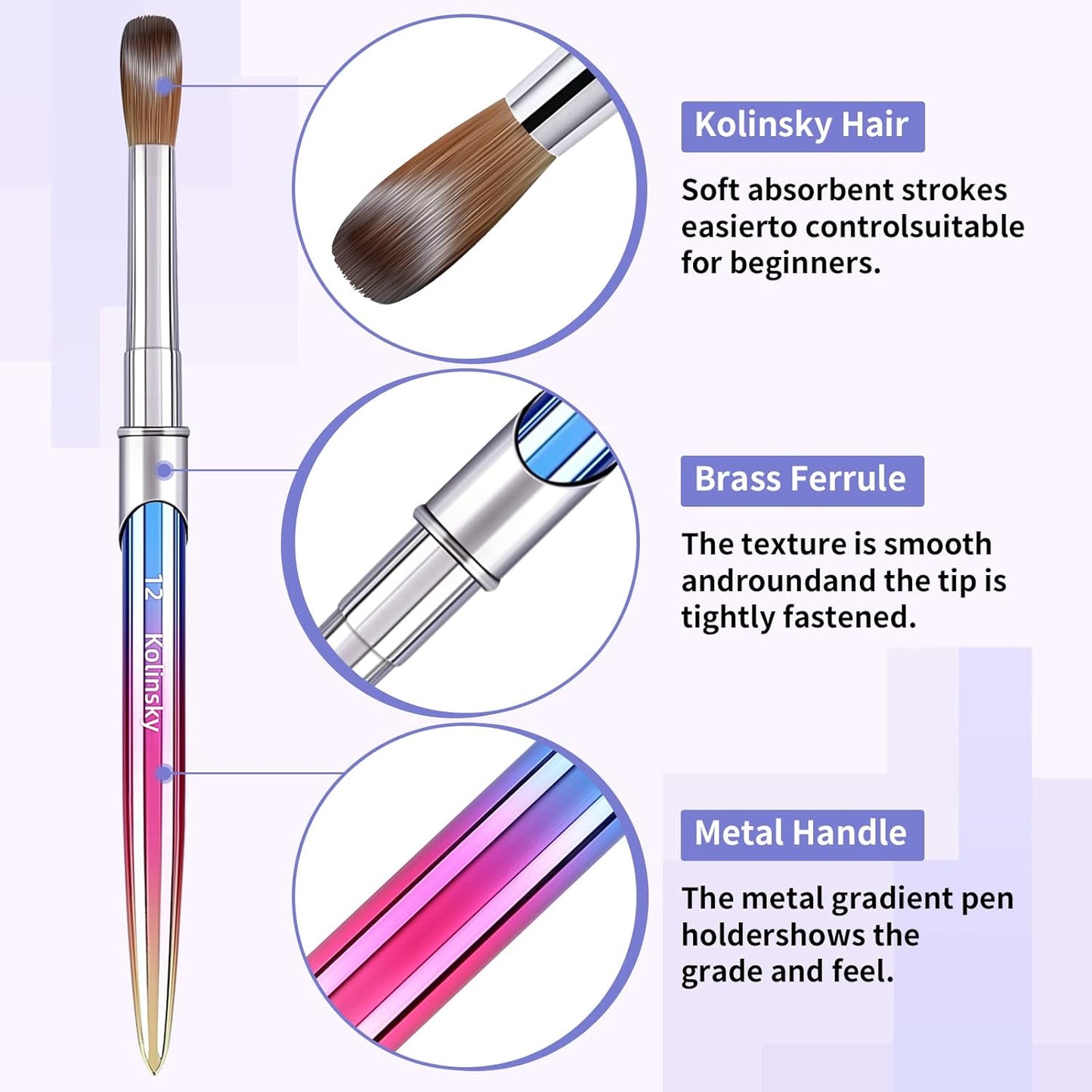 100% Kolinsky Acrylic Nail Brush,3D Pure Handmade Round Shape Size 12 Nail Brushes for Acrylic Application, Professional Nail Art Brush Manicure for Professional Manicure DIY Home Salon(#12)