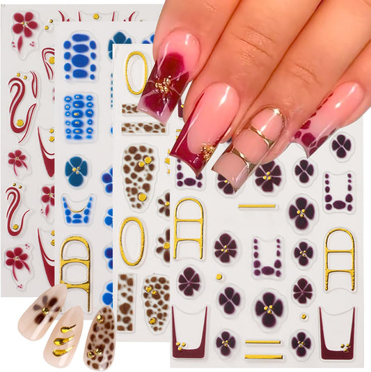 4 Sheet Flower Nail Art Stickers Golden Gilding French Design Nail Stickers 3D Self-Adhesive Exquisite Line Nail Decals Leopard Print Nail Art Decals Fall Flower Nail Supply for Women DIY Manicure