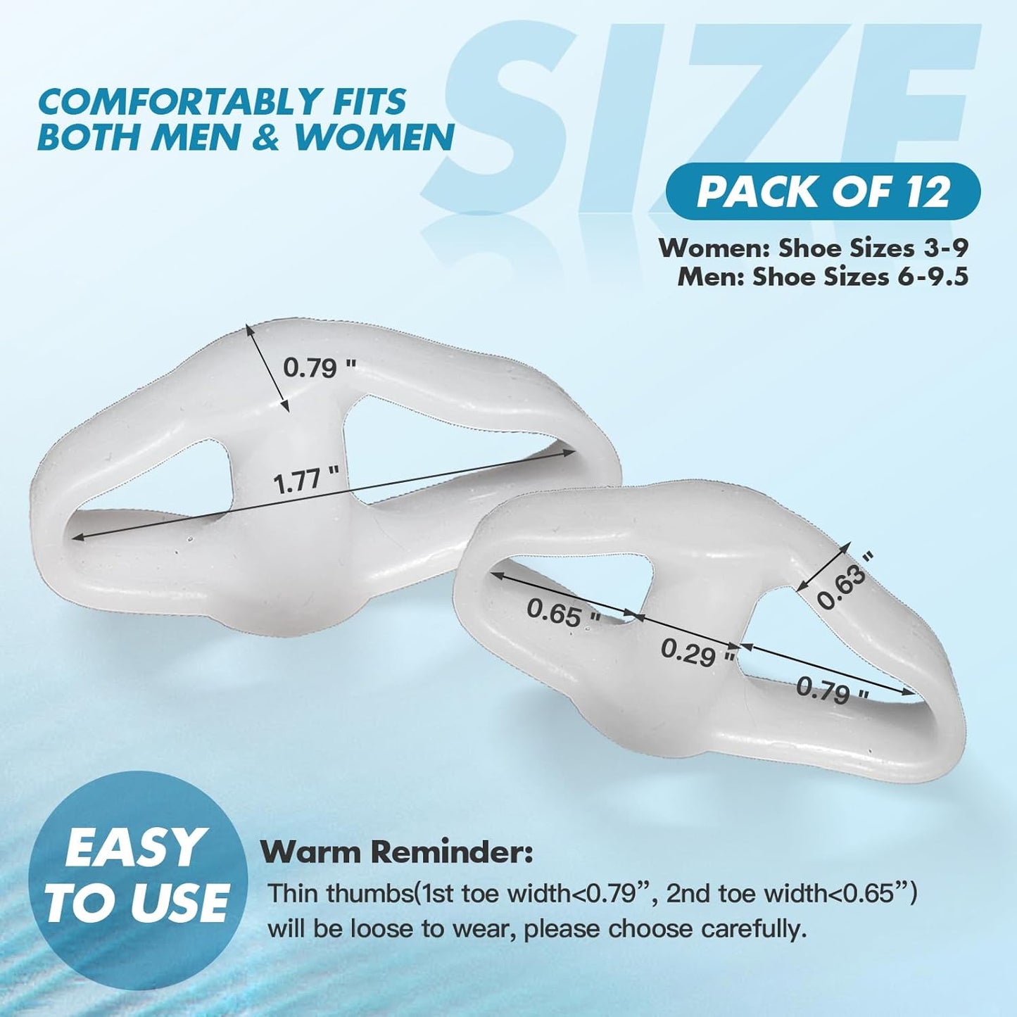 Pack of 12 Bunion Toe Separators Corrector for Big Toe, (0.29" Thick) Gel Toe Separators for Women Overlapping Toes with 2 Loops, Silicone Toe Spacers for Men Bunion for Alignment Feet(White)