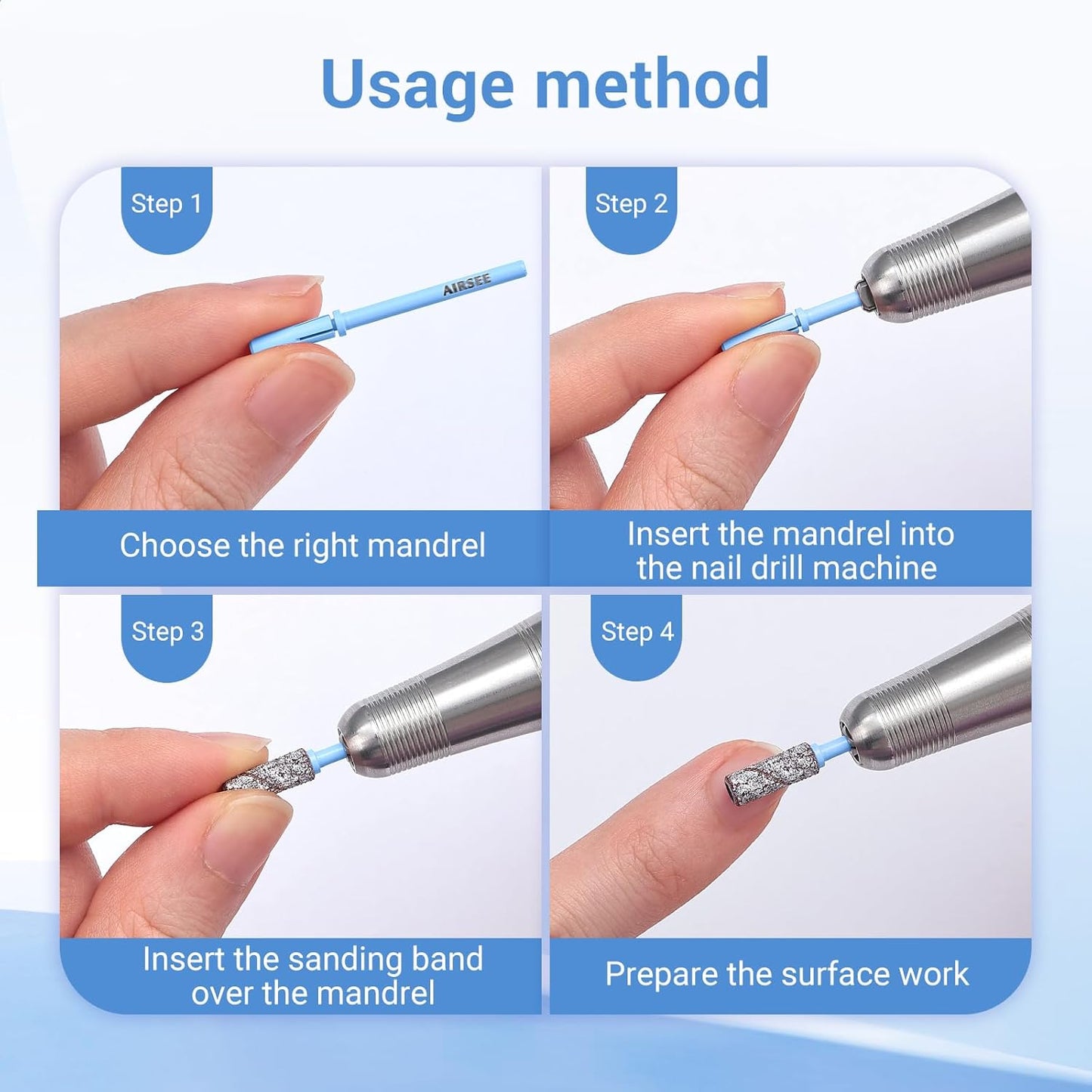 AIRSEE 3.1mm Small Nail Drill Mandrel Bits for Mini Efile Sanding Bands, Stainless Steel Professional Electric Head Clean Remove Cuticle Removing, Acrylic Manicure Sander Safety (Tranquil Blue)