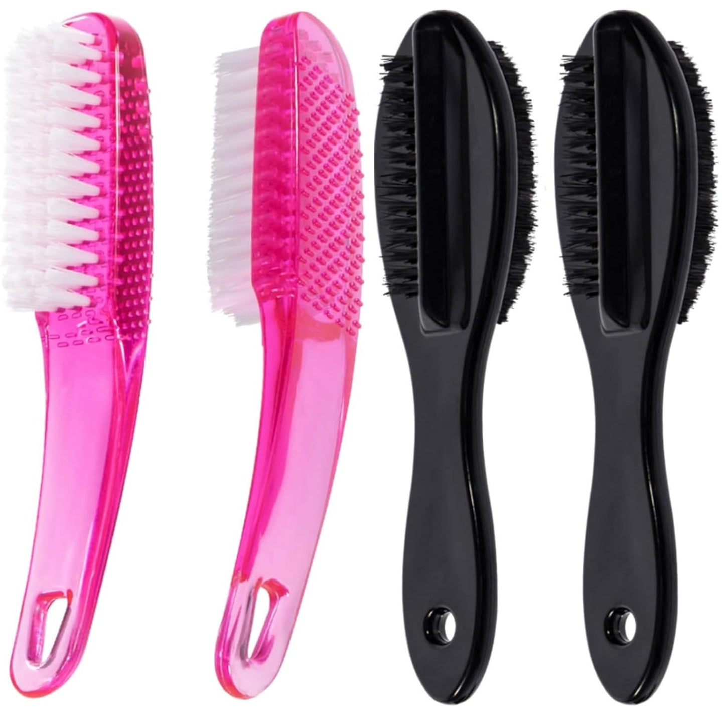 Nail Brush for Cleaning Fingernails 4 PCS, Long Handle Grip Double Sided Nail Foot Scrub Brush Fingernail Cleaner, Soft Stiff Bristles Pedicure Nail Scrubber Non-Slip for Men Women, Black Pink