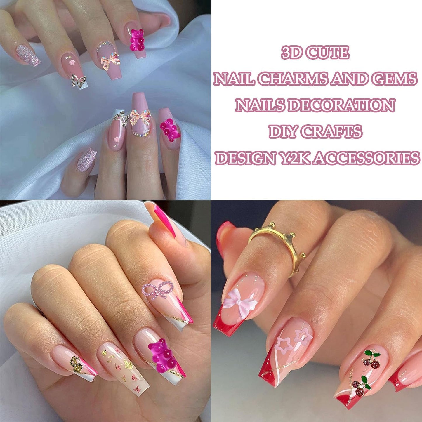 3D Pink Flower Nail Charms Y2K, Cute Resin Bear Star Heart Bow Nail Art, Gold Silver Butterfly Cherry Charms Nail Design for Women Nail Art Accessories Manicure DIY Crafts