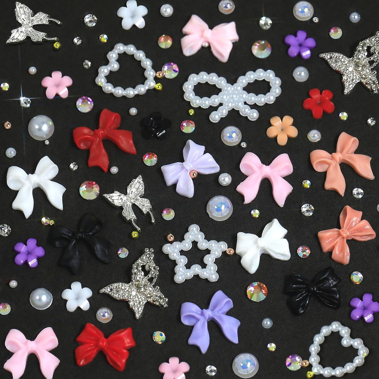 HNUIX Bow Nail Charms - 3D Multiple Colors, Butterfly, Flower, Pearls, Flat Back Rhinestones, with Kit, for Nail Art