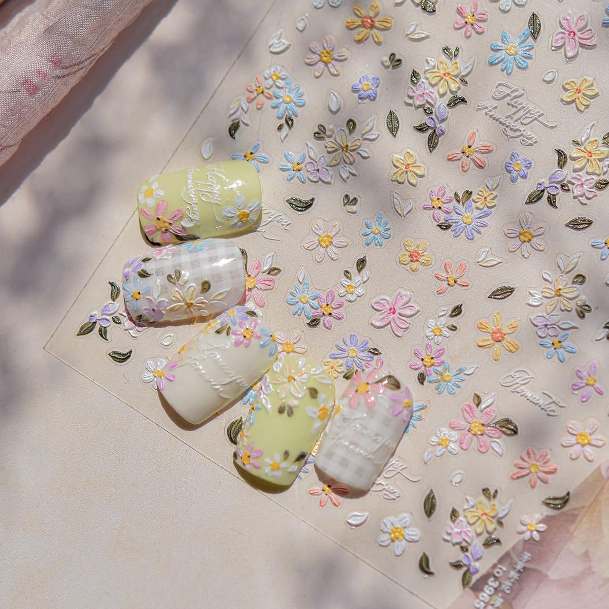 Flower Nail Stickers Decals Embossed Colorful Flowers Nail Decals 5D Relief Floral Self-Adhesive Nail Design Stickers for Women DIY Manicure Decoration Supplies