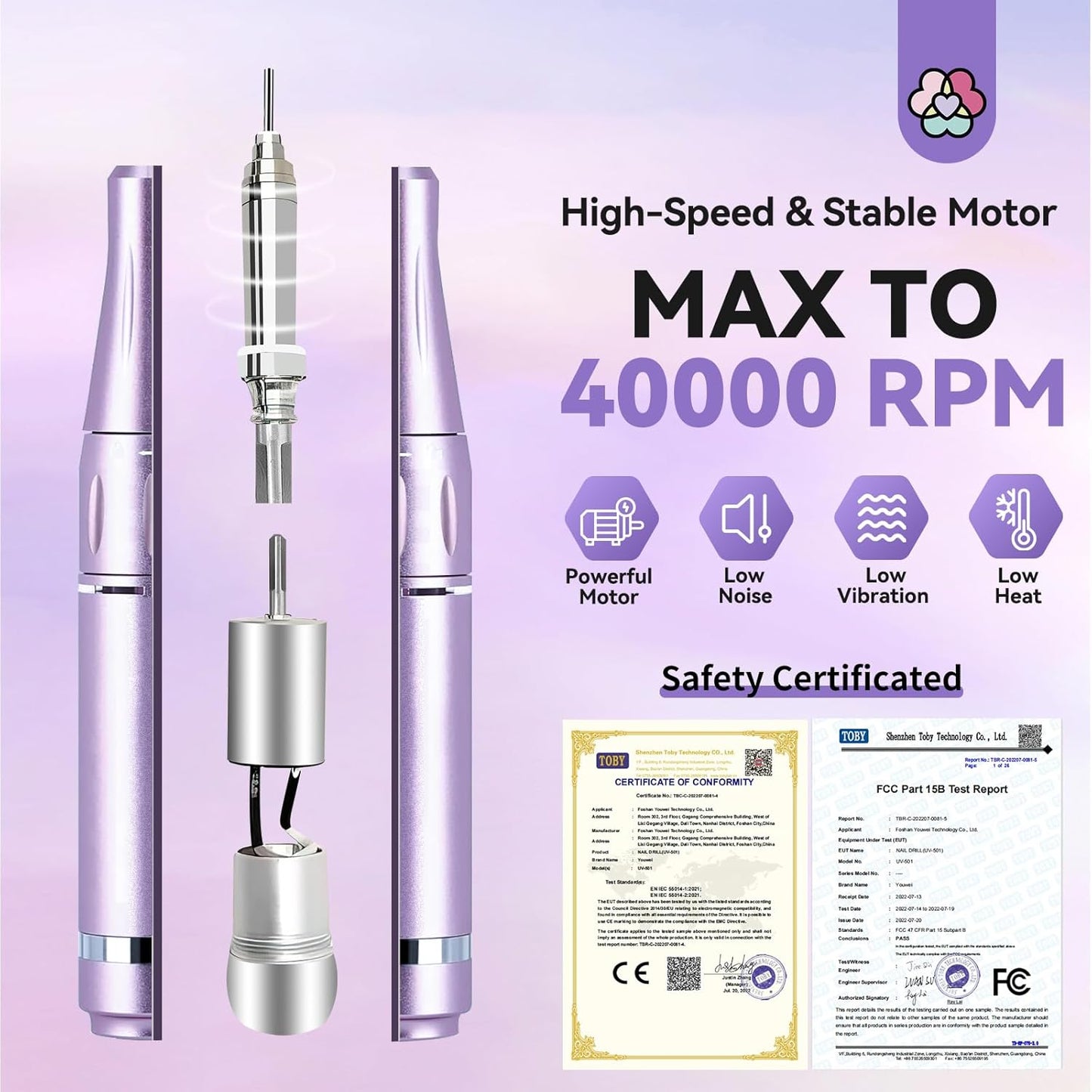 SAVILAND High Speed Nail Drill 40000 RMP: Diamond Shiny Electric Nail File 2600 mAh Rechargeable Nail Drill Kit for Thick Acrylic Nails Removal with Ceramic Drill Bits Sanding Bands Nail Tech Salon