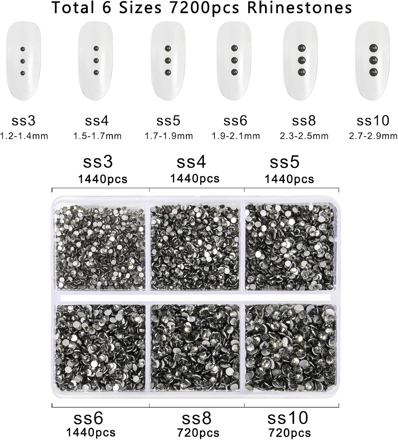 Beadsland 7200pcs Flatback Rhinestones,Gray Rhinestone Nail Gems Round Crystal Rhinestones for Crafts,Mixed 6 Sizes with Wax Pencil Kit, SS3-SS10,Black Diamond