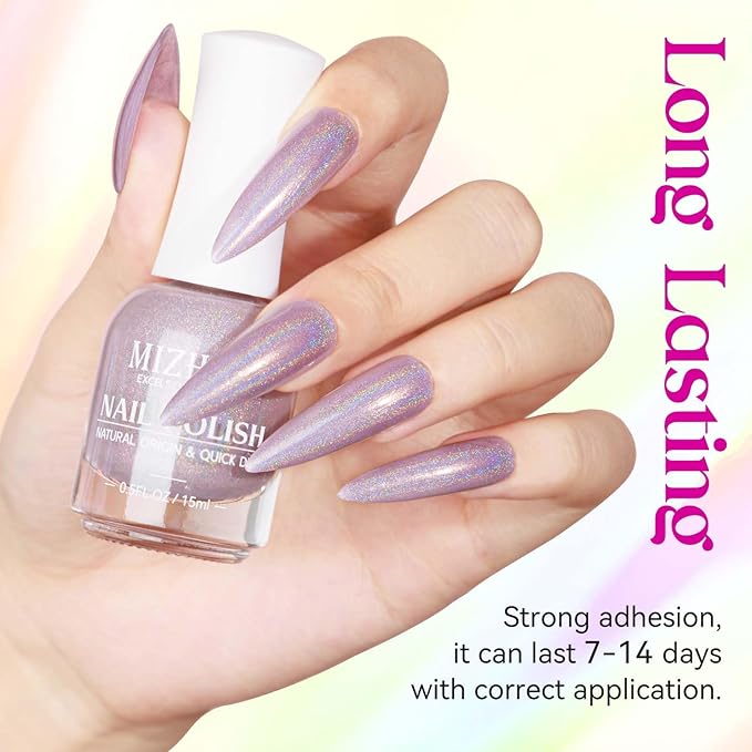 MIZHSE Holographic Nail Polish, Light Purple Glitter Nail Polish Air Dry Fast, 15ml/0.5 fl oz High Glossy Shimmer Nail Pigment Laser Oil-based Nail Lacquer Chrome Halo Nail Art Salon Manicure at Home