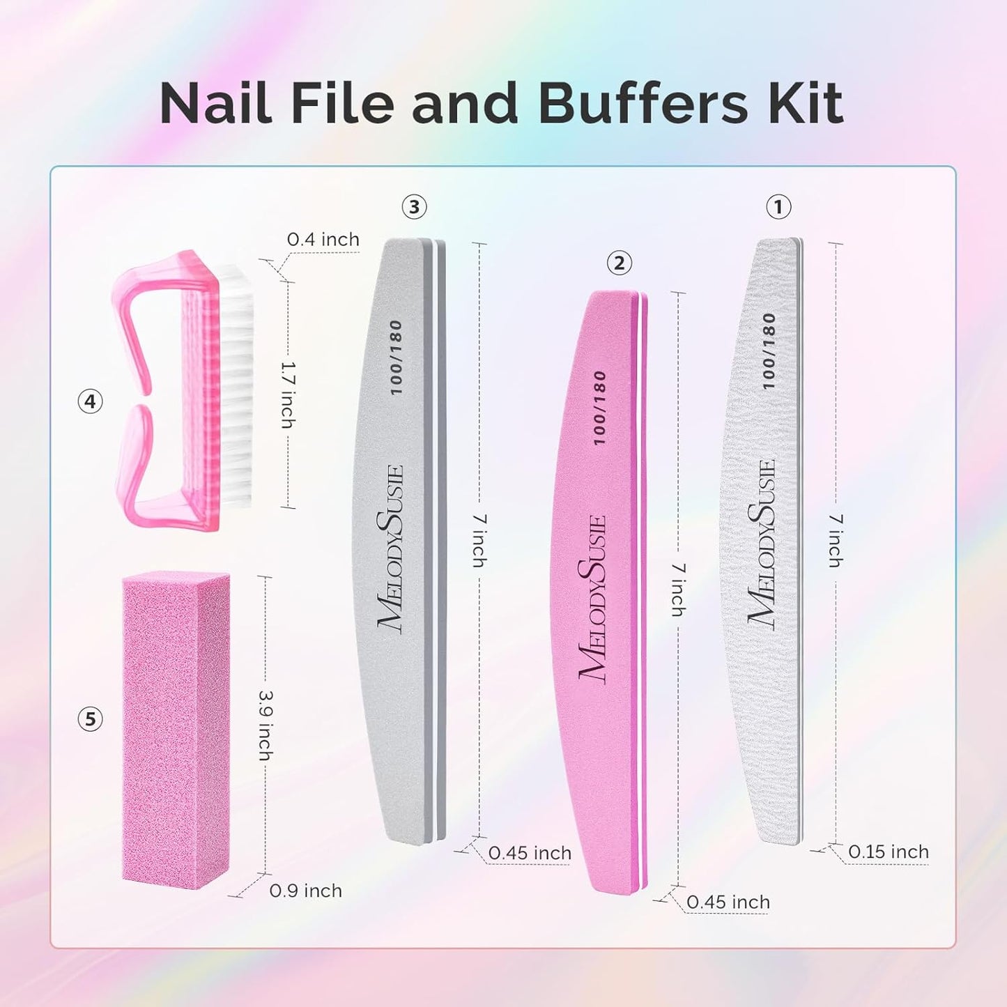 MelodySusie 16Pcs Professional Nail Buffer Kit,Nail Files and Buffers,Nail Buffer Block,Nail Brush, Nail File Buffers Kit for Natural Nails,DIY,Home Use,Salon（100/180 Grit）