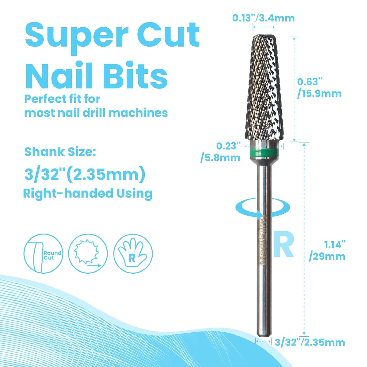 Super Cut 5 In 1 Nail Drill Bits, Tapered Barrel 3/32'' Safety Tungsten Bits, Upward Cut for Hard Gel Removal, Right Hand Use, Manicure Cuticle Gel Polishing, Technicians Bits, Coarse.