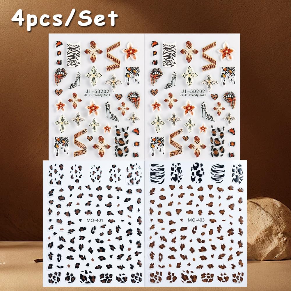 Flower 5D Embossed Nail Art Stickers Decals, 4 Sheets Autumn Winter Brown Hibiscus Flowers Tropical Floral Leopard Print Nail Art Design Self-Adhesive Nail Supplies for Women Girls