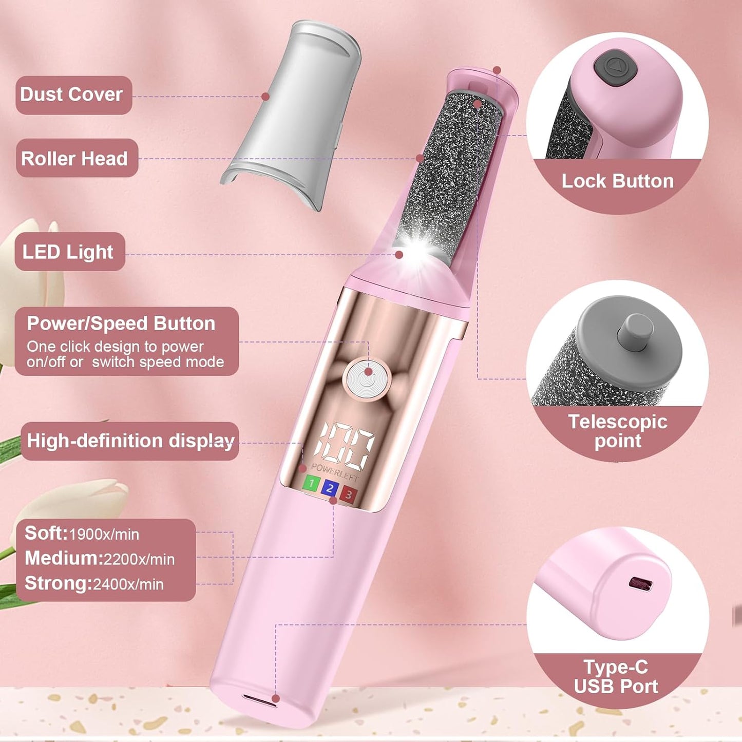Callus Remover for Feet Rechargeable, Smooth Pedicure Wand Electric Foot File, Professional Pedicure Tools Kits Foot Scrubber for Smoother Feet Ideal Gift, Pedicure Kit Feet Care for Dead Dry Skin