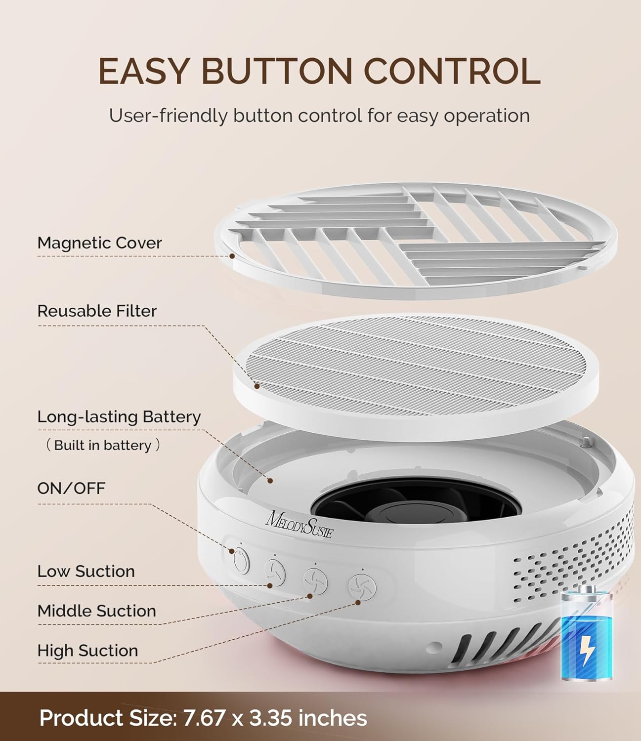MelodySusie Cordless Nail Dust Collector,SProR 3500RPM Rechargeable Button Control Vacuum Fan Dust Extractor with Reusable Filter for Mobile Nail Tech, Salon & Home