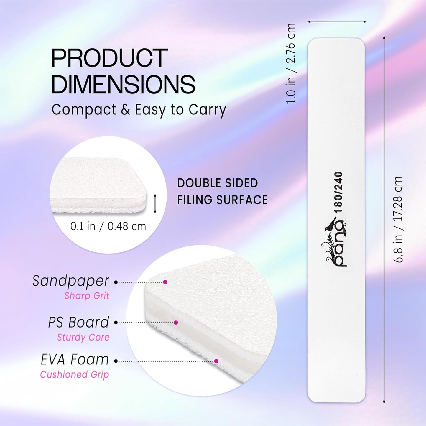 10PCS Jumbo Size PANA Professional Double Sided Nail Files - White, 180/240 Grit - Emery Board Nail Buffering File Manicure Pedicure Nail Polisher Washable