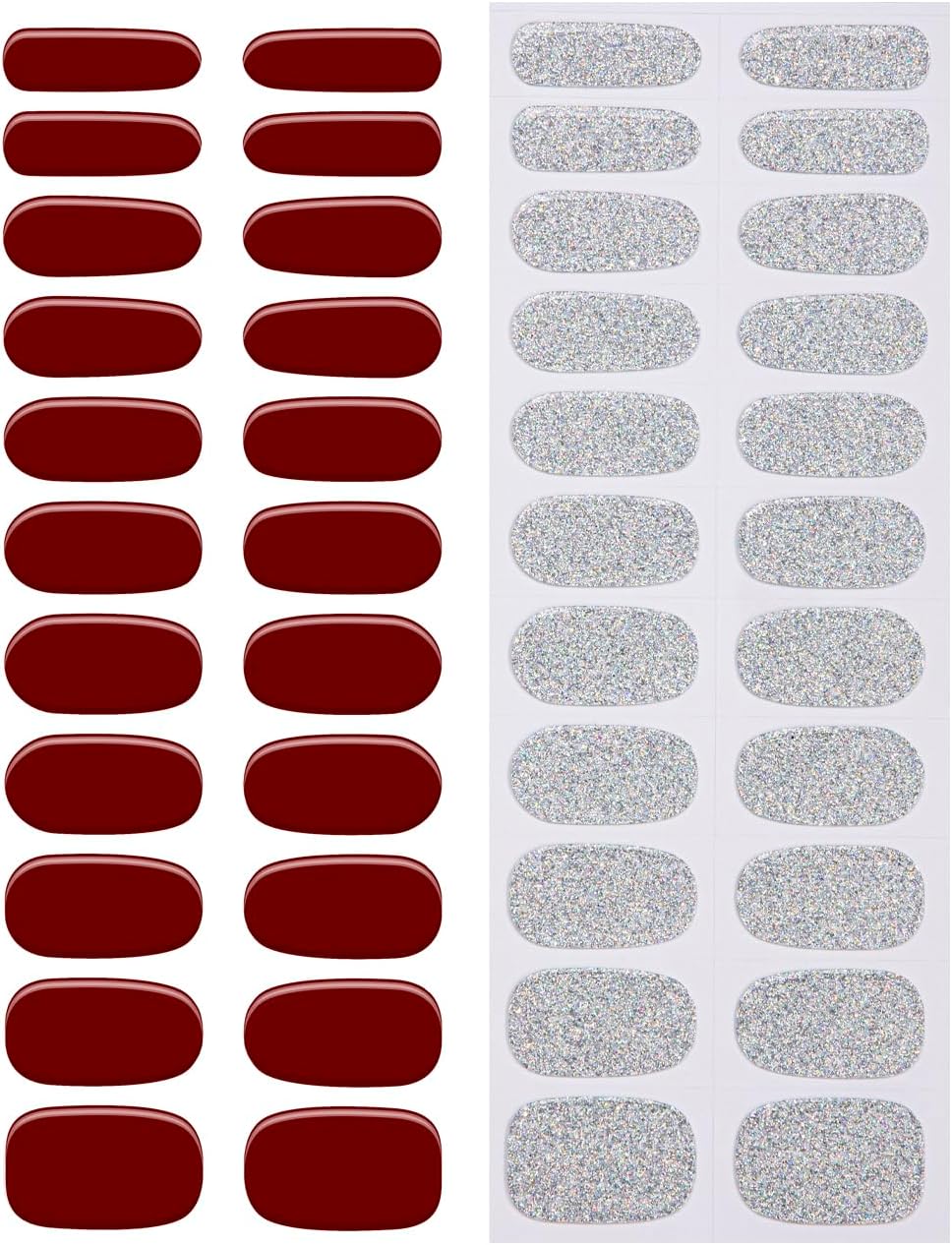 No Lamp Gel Nail Strips 44 Pcs Wraps - Burgundy+Silver, Easy Apply Gel Nail Stickers Long Lasting, Salon-Quality, 4 Prep Pads, 2 File, 2 Wooden Stick