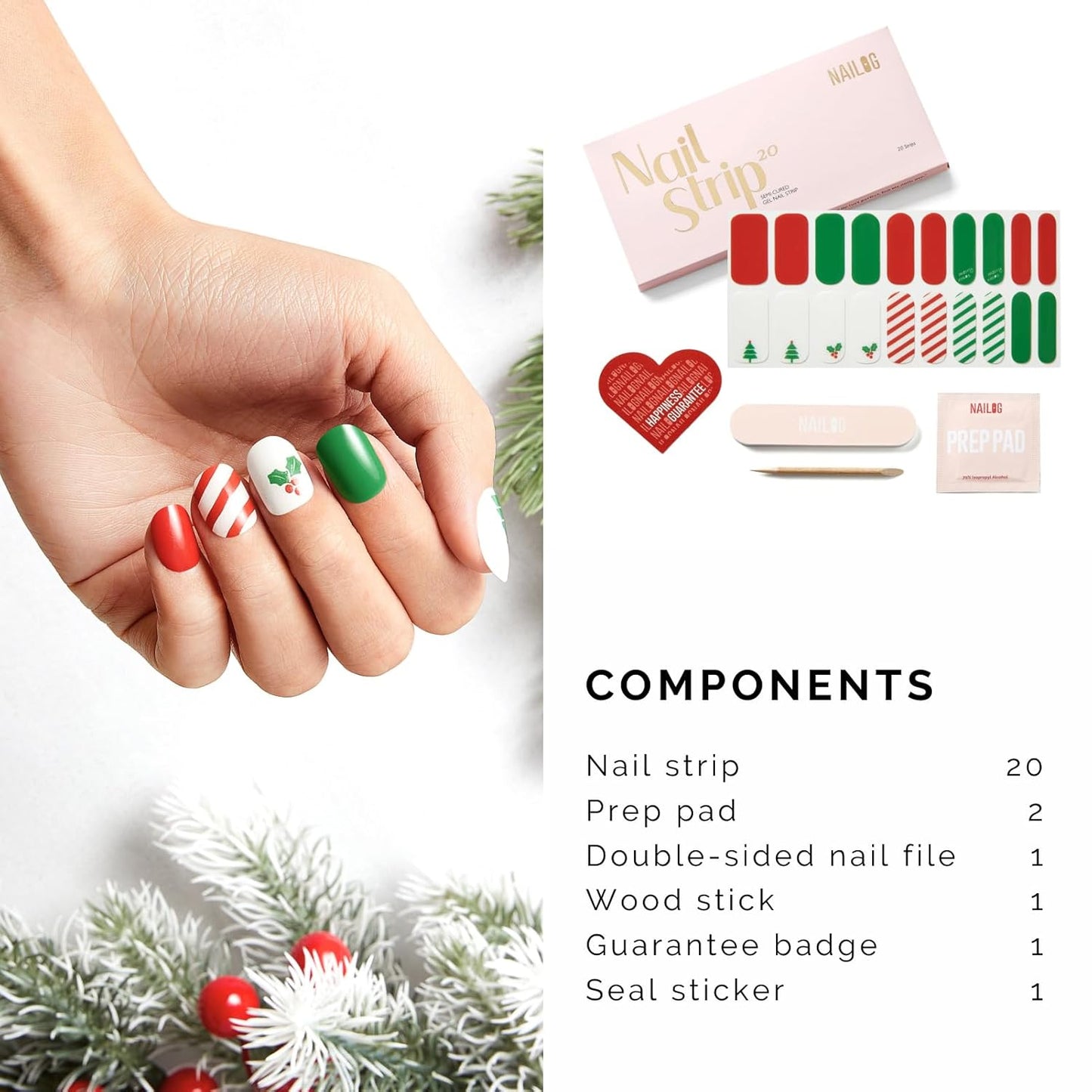 NAILOG 20 Pcs Gel Nail Strips - Extra Long Nail Wraps with Glossy Gel Finishing Green, Festive Fir