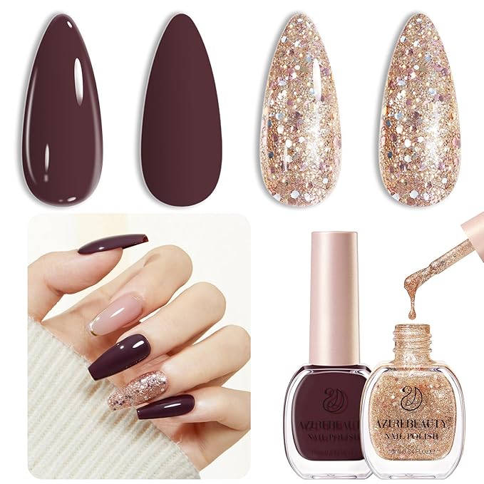 AZUREBEAUTY Brown Nail Polish Set 2 Colors Glitter Quick Dry Nail Polish Kits Fall Long Lasting French Tip Nail Polish Natural Manicure Diy Home Gift for Girls