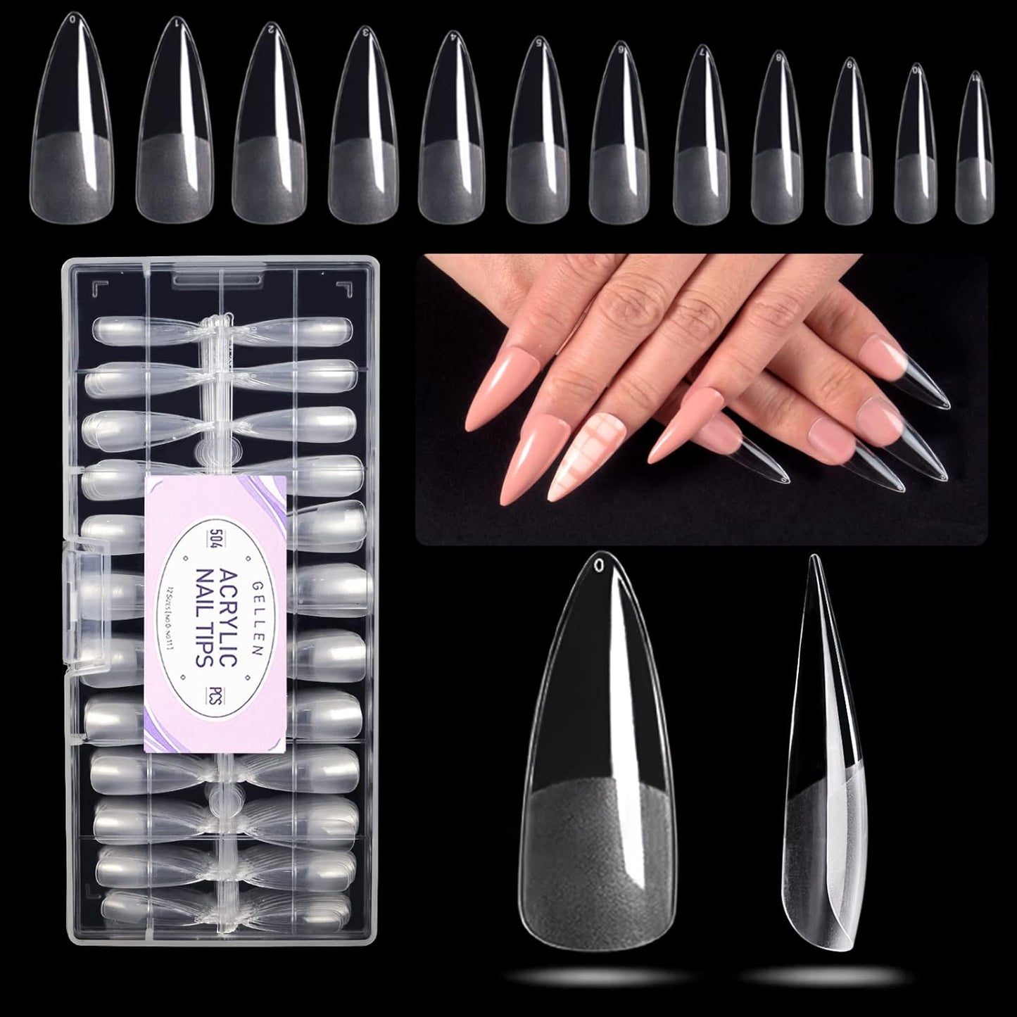 Gellen Stiletto Fake Nails 504Pcs Nail Tips, Acrylic Nail Kit Stiletto Pre-Shaped Press On Nails, Clear False Nail Extension Kit, Full Cover Soft Gel Nail Tips, Salon Nail Art Manicure Set, 12 Sizes