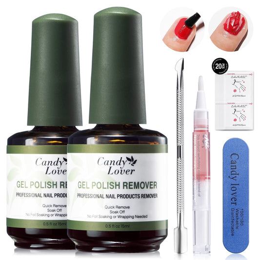 Candy Lover Gel Nail Polish Remover Kit - 2Pcs Gel Remover for Nails with Cuticle Pusher & Cuticle Oil and Nail File, Gel Polish Remover for Nails in 3-5 Minutes,No Need for Foil Soaking Or Wrapping
