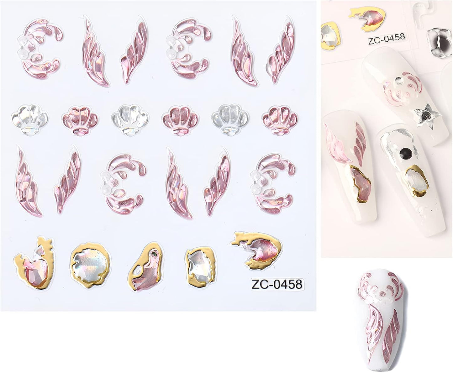 5 Sheets 5D Bronzing Nail Art Stickers Decals,Fishtail Shell Embossed Self-Adhesive Nail Sticker Gemstone Flower Heart Sun Gold Metal Design Nail Art Supplies for Nail DIY Decoration for Women