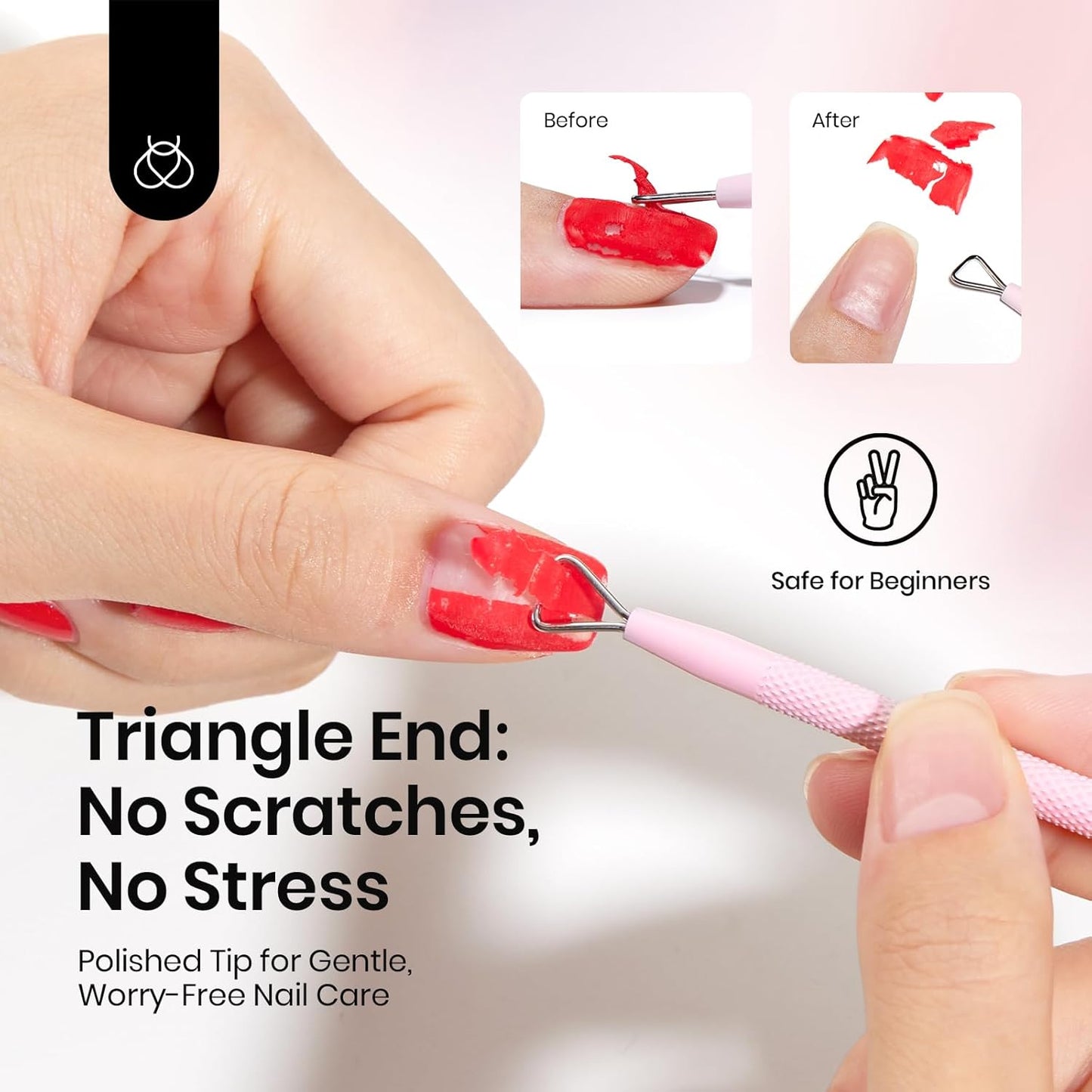 Beetles Gel Nail Remover Tool Dual-end Cuticle Pusher, Triangle End Remove Gel Polish Angled End Clean Crevice Dirt Two in One Tool Dead Skin Nail Scraper Stainless Steel Pink Remover Pusher