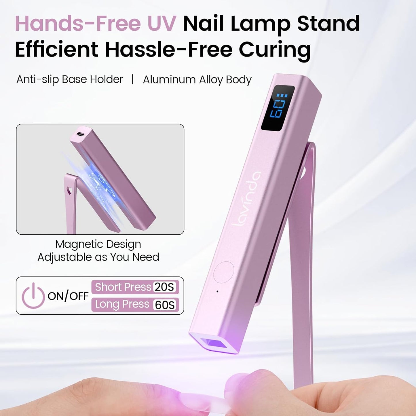 Lavinda Handheld UV Light for Gel Nails with Stand, Mini Nail Lamp with LCD Display, Portable Cordless Rechargeable UV Led Nail Lamp Nail Dryer for Fast Curing Gel Polish for Home DIY Manicure