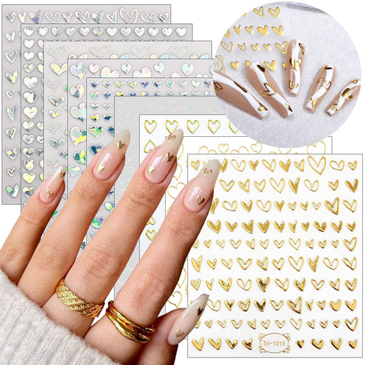 9 Sheets Heart Nail Art Stickers - Metallic Nail Decals 3D Valentine's Day Nail Art Supplies Heart Love Glitter Gold Silver Nail Designs Sticker for Women Girls Valentine’s DIY Manicure Decorations