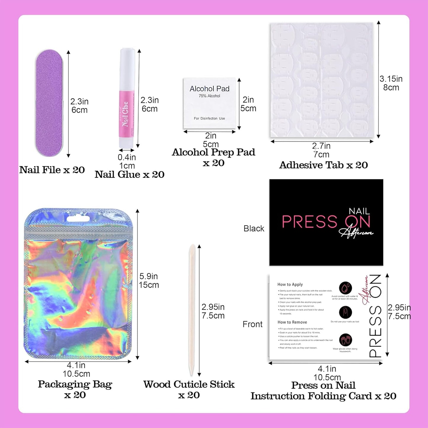 Press On Nail Tool Kit for Nail Business, Nail Prep Application Disposable Kit with Nail File, Nail Glue, Prep Pads, Instruction Card, Adhesive Nail Tabs, Wood Stick, Holographic Bag (20pcs in purple)