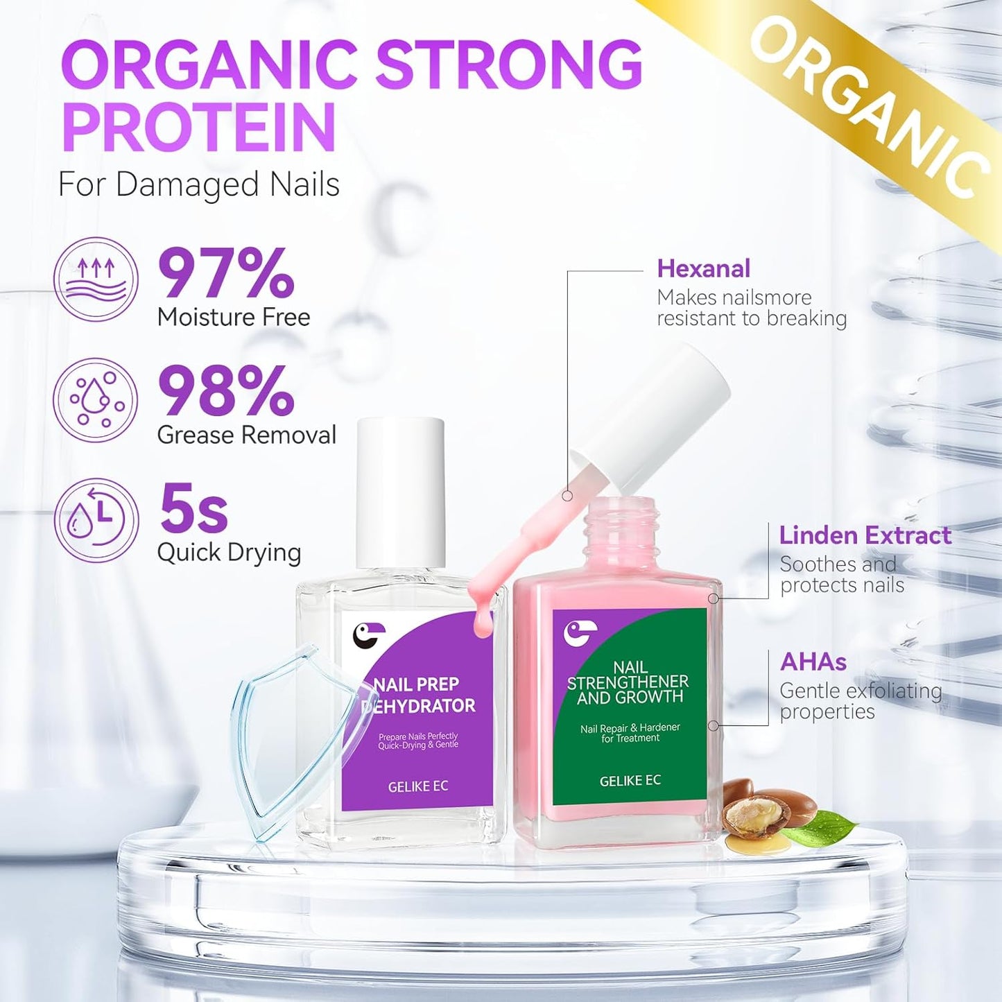 Gelike EC Nail Strengthener Dehydrator Set : Milky Pink 2-in-1 15ml Repair Kit for Weak Damaged Nails - Acid-Free Prep Protein Formula - Salon & Home Use for DIYers Sensitive Skin