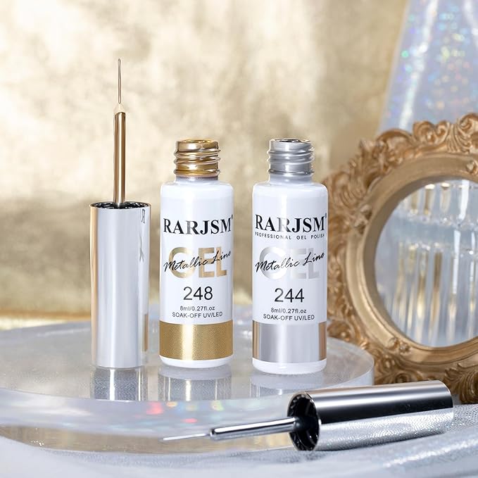 RARJSM Metallic Gel Liner Nail Art Silver Bronze Gold 2pcs Set Mirror Chrome 3D Effect Gel Nail Polish 8ml Build in Thin Brush Metal Painted Drawing Stripper Gelpolish Curing Requires for Home Salon