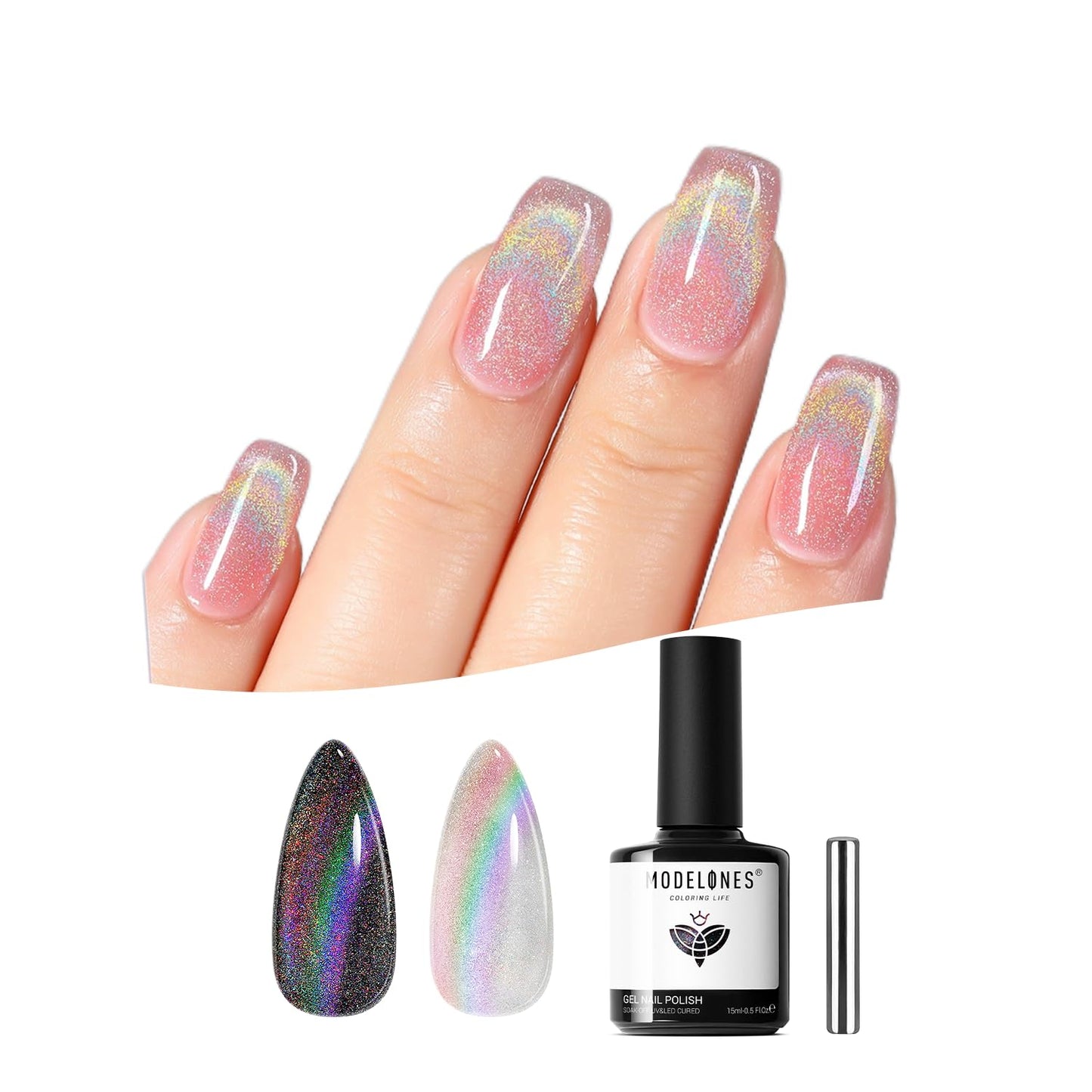 modelones Cat Eye Rainbow Gel Nail Polish Silver Glitter Holographic Glass 9D Cat Eye Gel Polish with Magnet Stick Soak Off U V Nail Lamp Summer Nail Art Top Coat Manicure Salon DIY Home 15 ML
