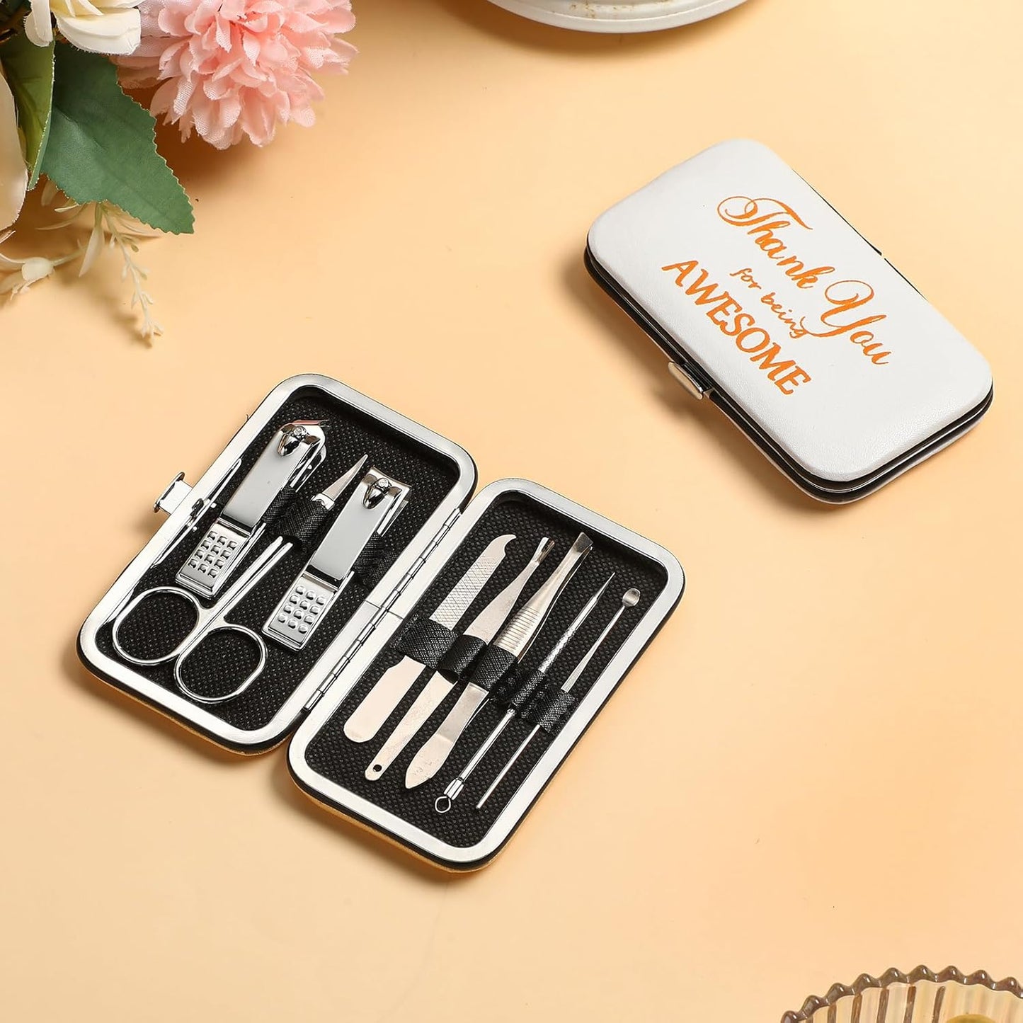 Therwen 24 Sets Manicure Set Nail Clippers 8 in 1 Stainless Steel Grooming Nail Kit Thank You Appreciation Gift Professional Pedicure Tool for Men Women Personal Care(White)