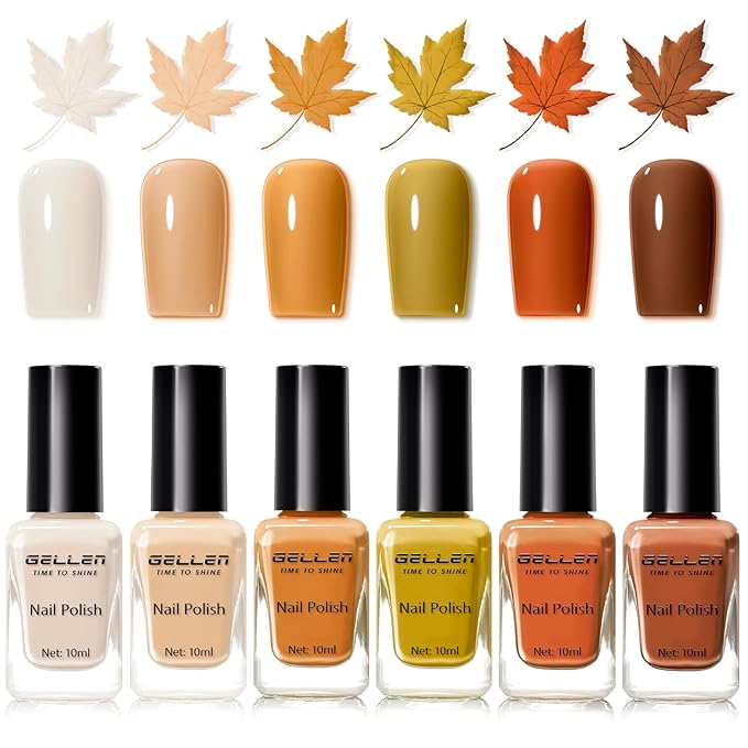 Gellen Maple Brown Nail Polish, Halloween Fall Winter Leaf Regular Nail Polish Air Dry 6-Color Set for Finger Toe Nails Home Salon Manicure Women Girl Gifts, Not UV Gel, Hema Free, Non Toxic, TPO Free