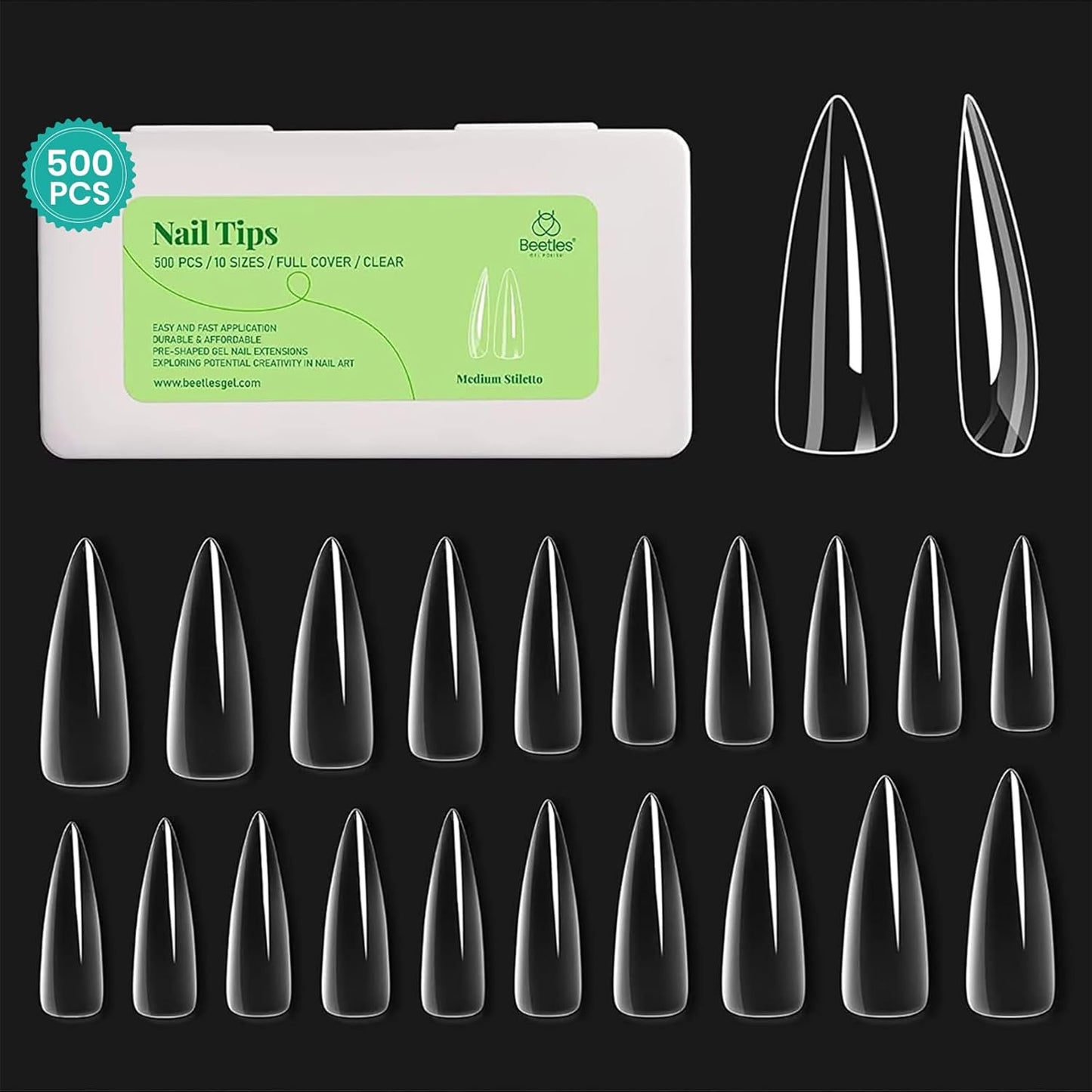 Beetles Gel Nail Tips Clear, Stiletto Medium, 500Pcs 10 Sizes, Pre-Shaped Full Cover Soft Acrylic False Press On Nail Tips Stiletto Shape Halloween Easy DIY Fall Nail Extension Salon Gift for Women