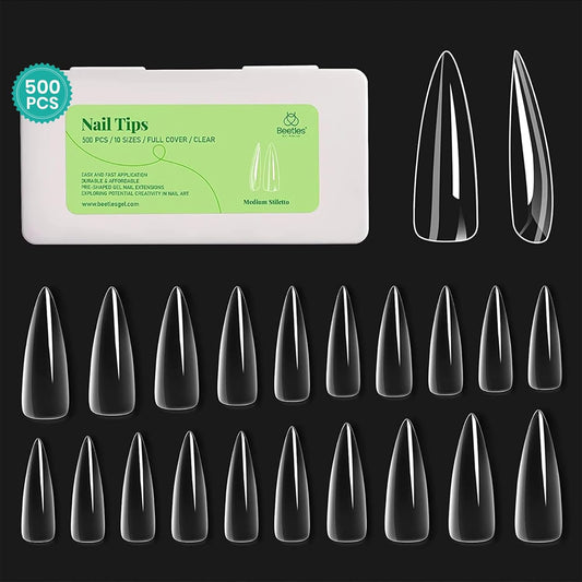 Beetles Gel Nail Tips Clear, Stiletto Medium, 500Pcs 10 Sizes, Pre-Shaped Full Cover Soft Acrylic False Press On Nail Tips Stiletto Shape Halloween Easy DIY Fall Nail Extension Salon Gift for Women