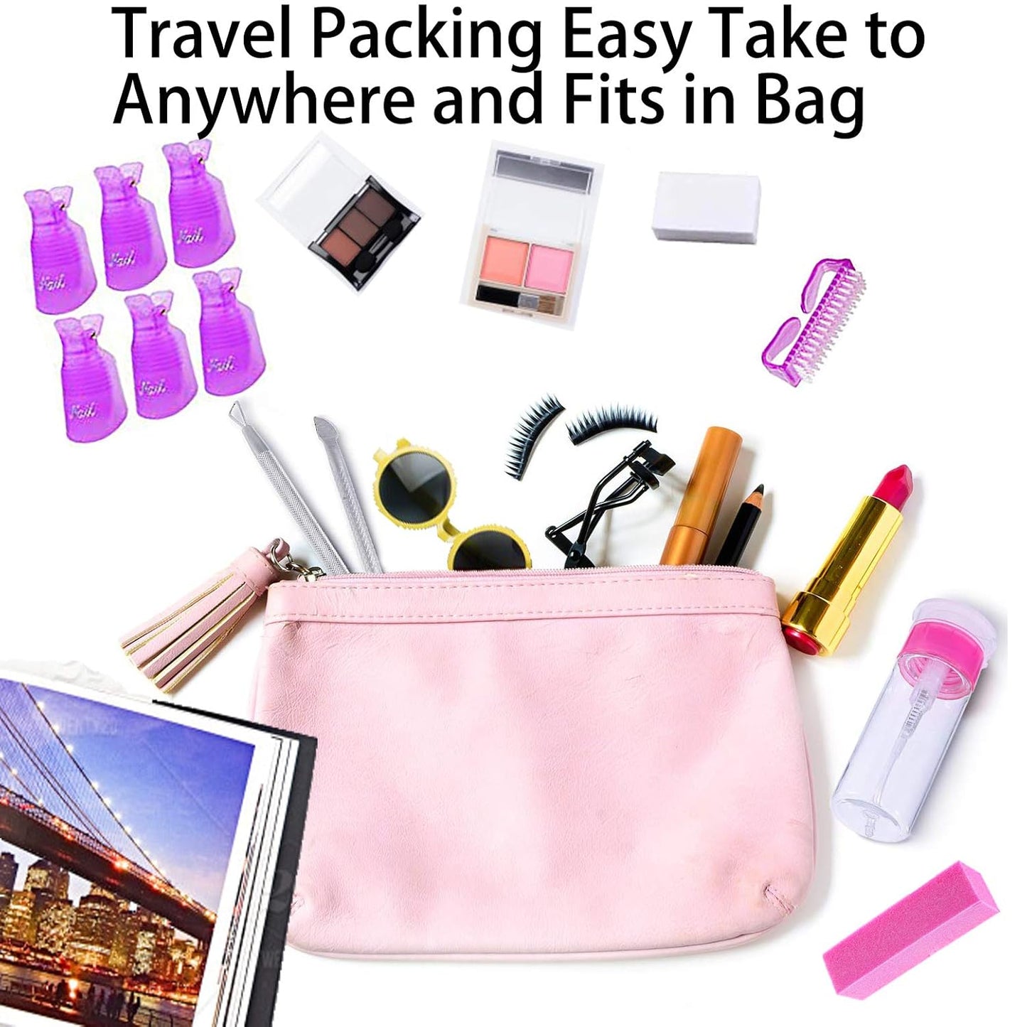 Nail Polish Remover Tools Kit - 500 Pcs Polish Remover Cotton Pads, 10 Pcs Purple Polish Remover Clips Caps, 1pc Nail Polish Remover Bottle, 1pc Cuticle Pusher, 1pc Nail Brush, 100/180 Grit Nail File and Rectangular Nail Buffer Block Tools