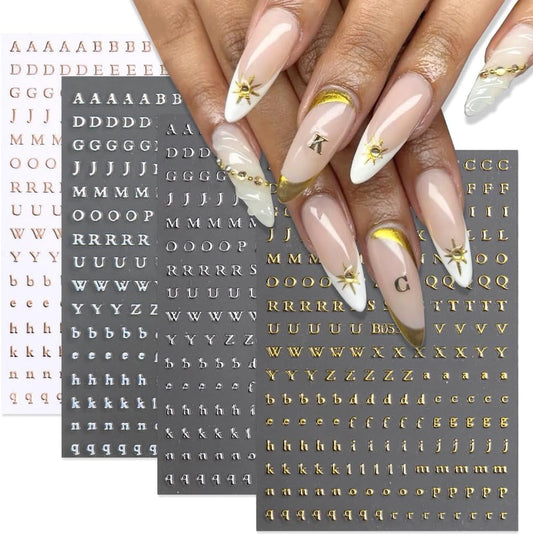 Letters Nail Art Stickers English Alphabet Nail Decals, 4 Sheets 3D Self-Adhesive Metallic Gold Silver Laser Rose Gold Alphabet Design Nail Art Supplies Manicure Decoration for Women Girls