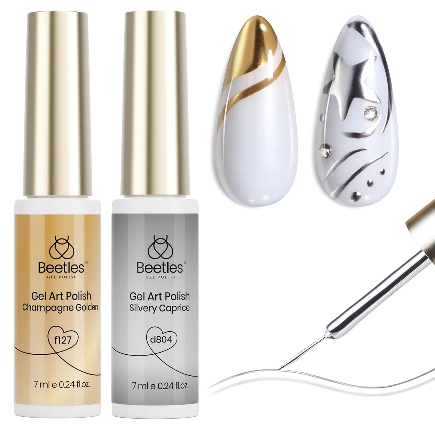 Beetles Metallic Gel Nail Polish Liner Set Gold Silver 2pcs Gel Liner Nail Art Chrome 3D High-Gloss Effect for Nails Paint Design with Thin Brush DIY French Manicure Gift for Women
