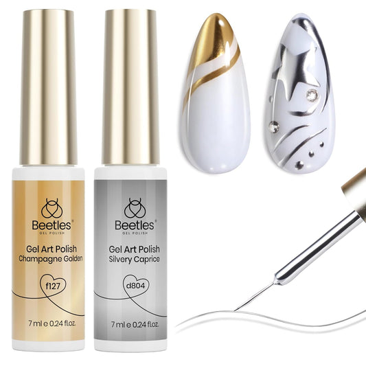 Beetles Metallic Gel Nail Polish Liner Set Gold Silver 2pcs Gel Liner Nail Art Chrome 3D High-Gloss Effect for Nails Paint Design with Thin Brush DIY French Manicure Gift for Women