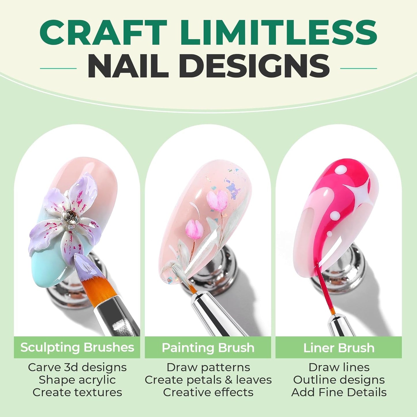 UNA GELLA Nail Art Pens 6PCS Green Color Acrylic Nail Art Design Brush Set with Gel Polish Liner Brushes Double-headed Nail Dotting Tools for DIY Home Salon Manicure Design Supplies